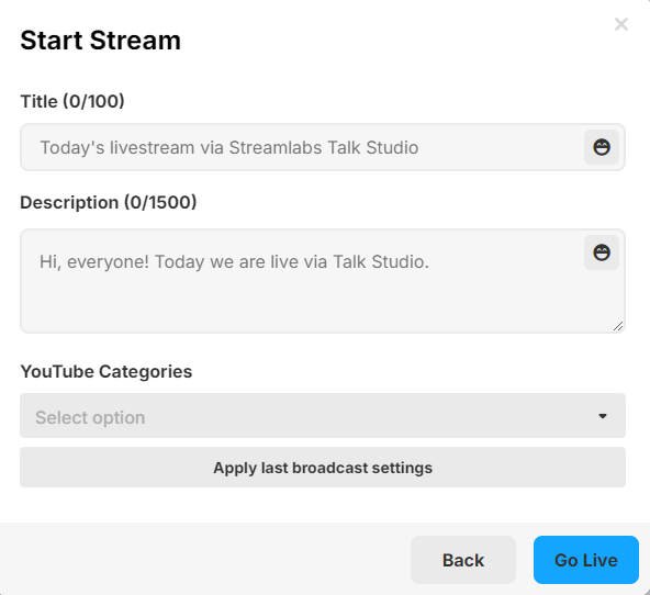 Screenshot of the Streamlabs Talk Studio live stream setup interface with fields for title, description, YouTube category selection, and start stream buttons.